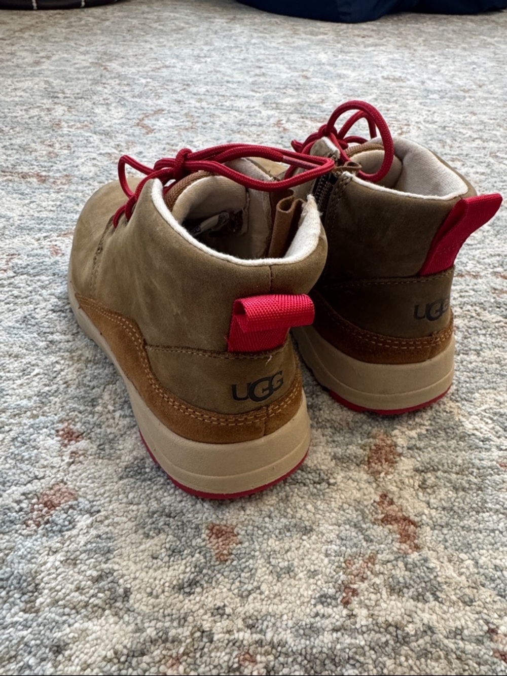 UGG Kids Tan Brown Suede Boot with Red Accents
